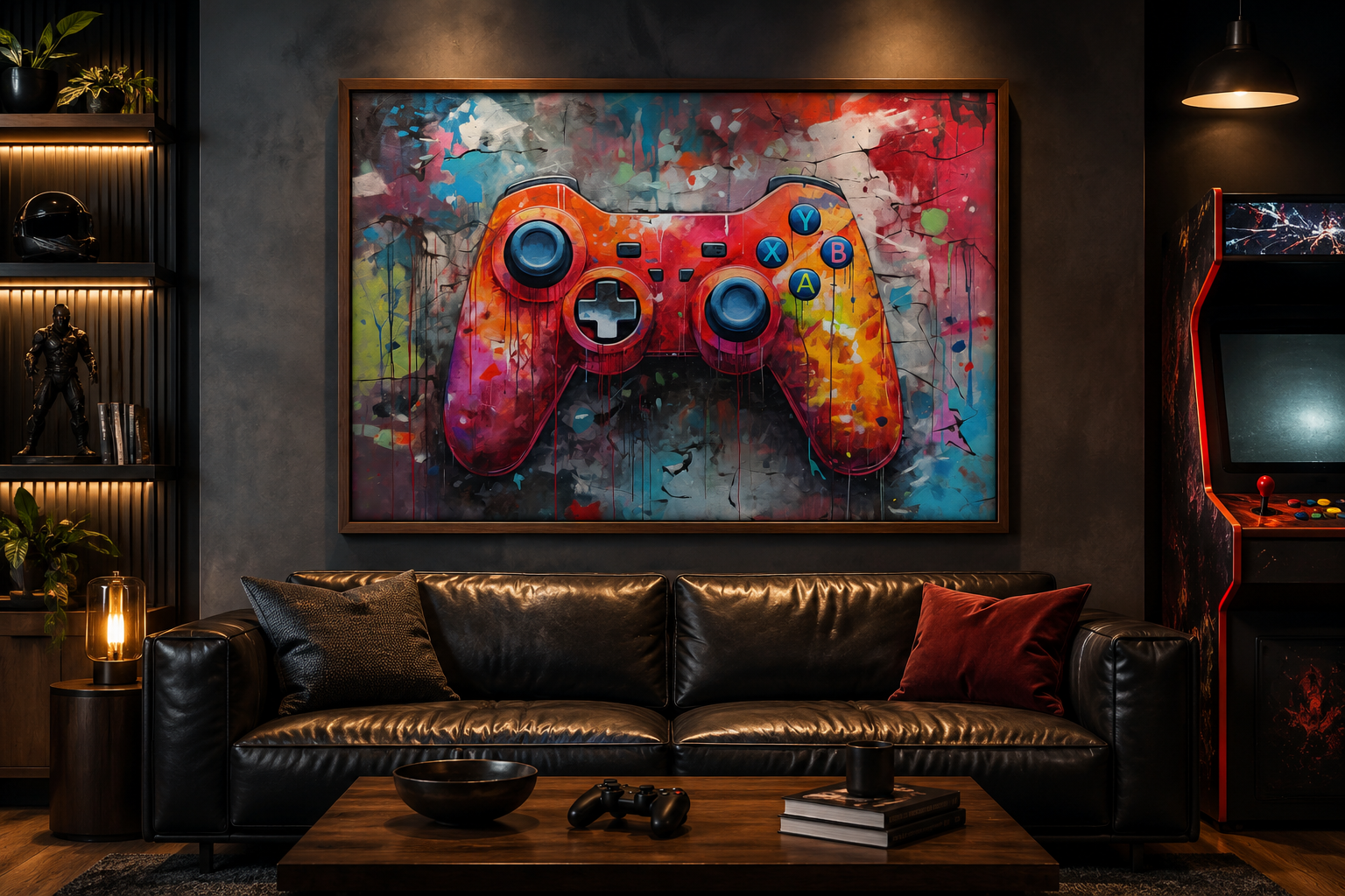 Graffiti Painting Of Game Controller Framed Canvas Wall Art - Game Room Decor