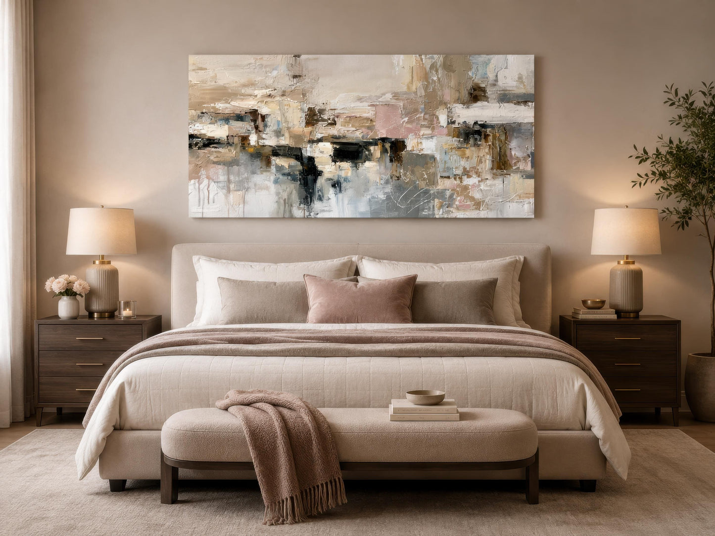 Gray Beige Blush Neutral Abstract Wall Art | Horizontal Canvas Print