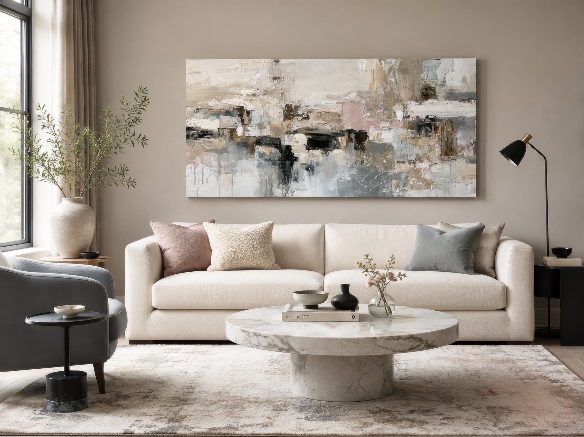 Gray Beige Blush Neutral Abstract Wall Art | Horizontal Canvas Print
