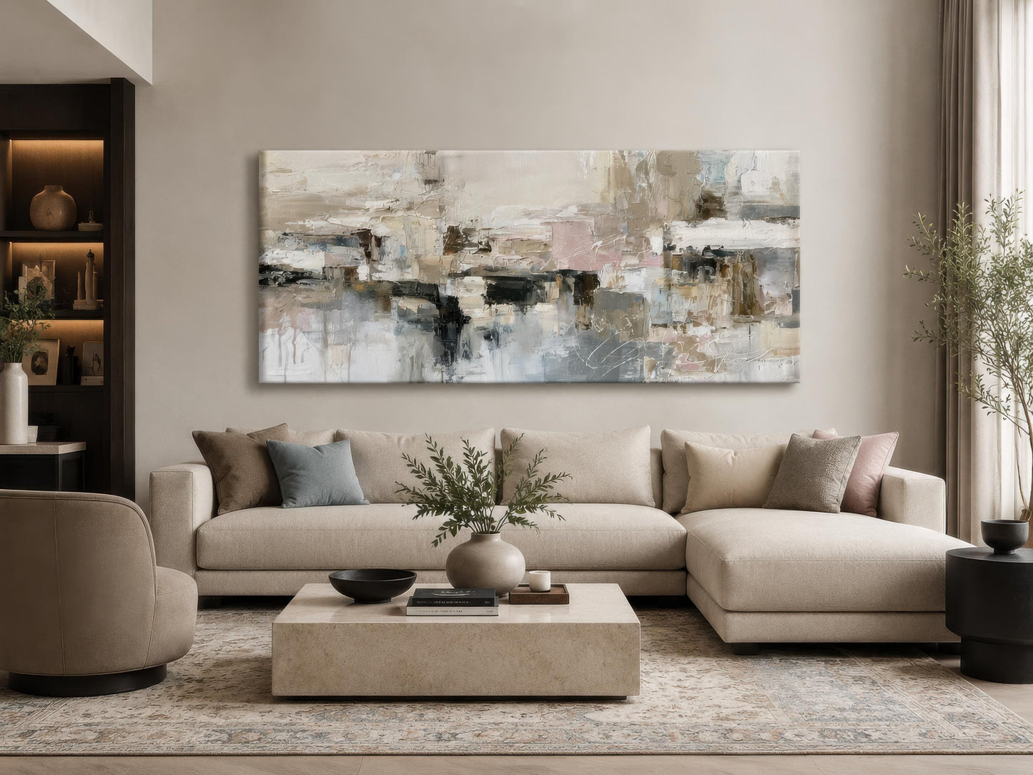 Gray Beige Blush Neutral Abstract Wall Art | Horizontal Canvas Print