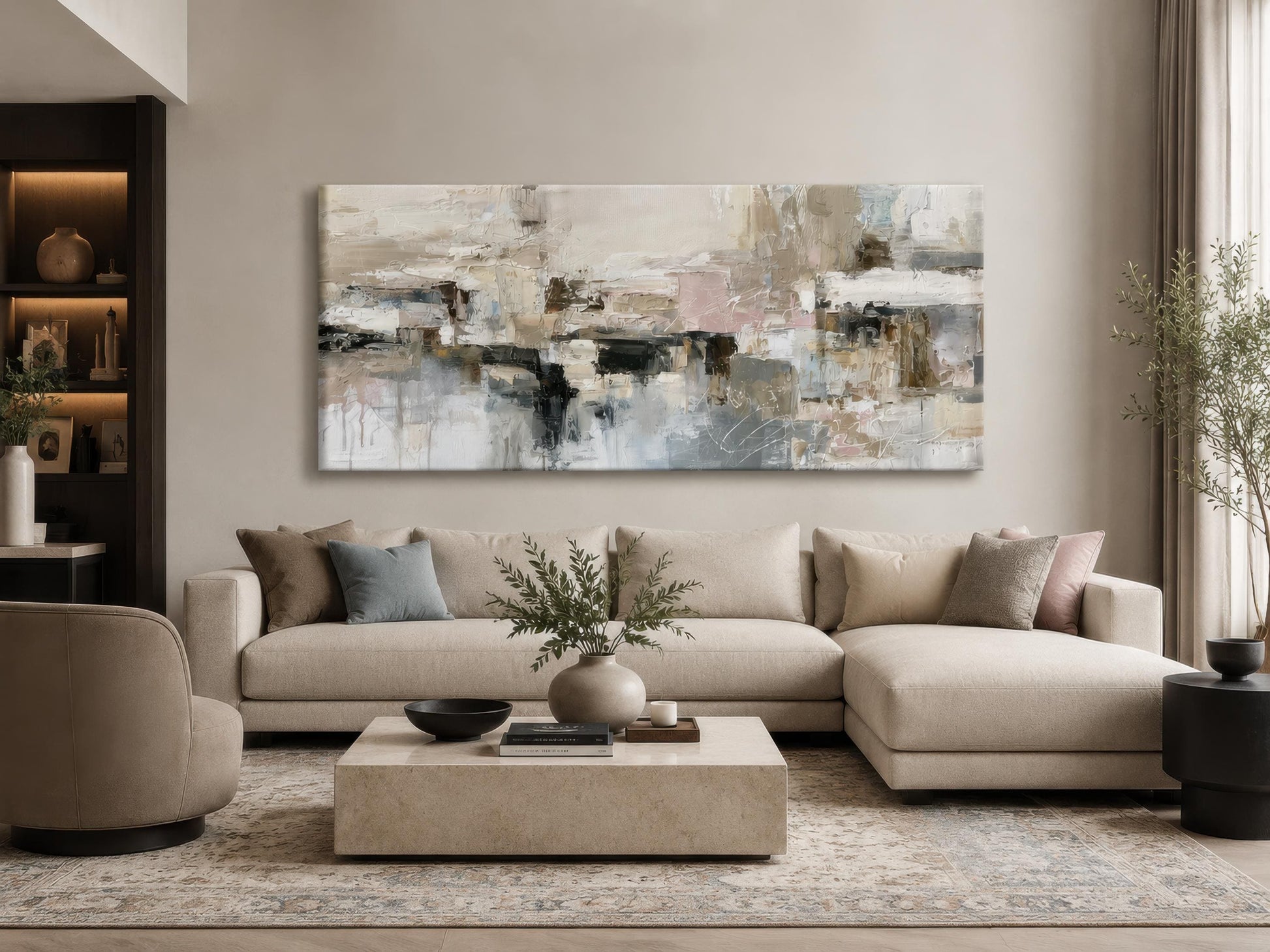 Gray Beige Blush Neutral Abstract Wall Art | Horizontal Canvas Print