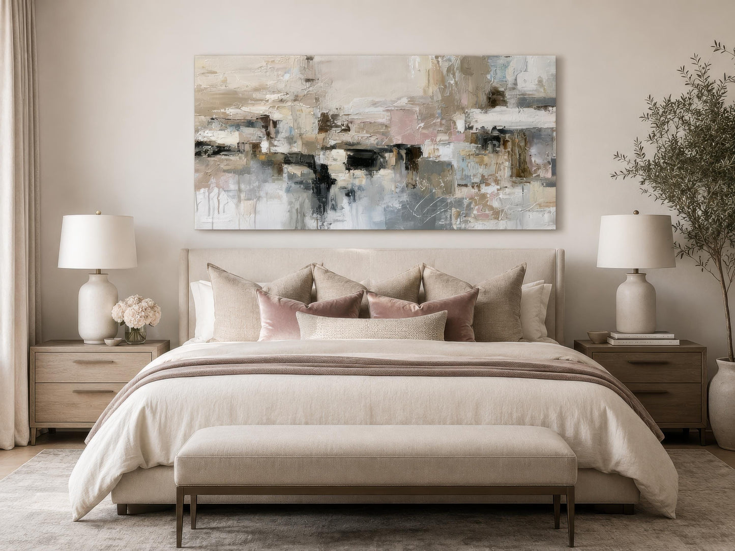 Gray Beige Blush Neutral Abstract Wall Art | Horizontal Canvas Print