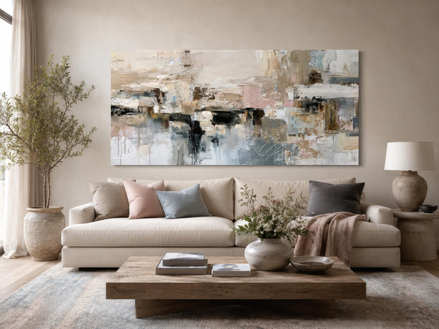 Gray Beige Blush Neutral Abstract Wall Art | Horizontal Canvas Print