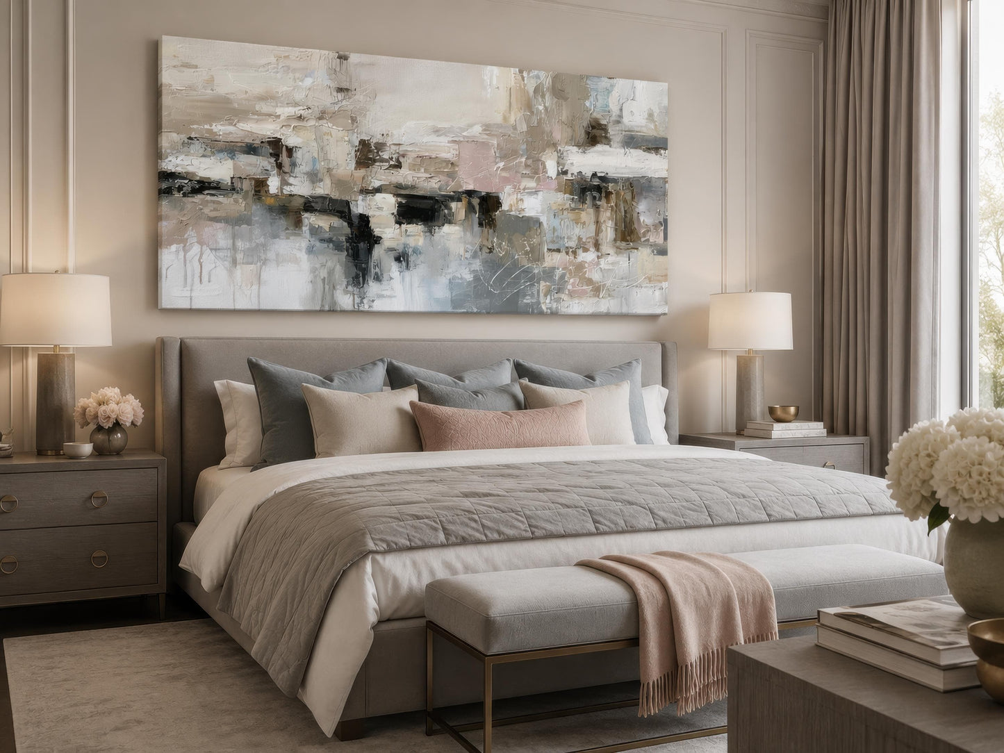 Gray Beige Blush Neutral Abstract Wall Art | Horizontal Canvas Print