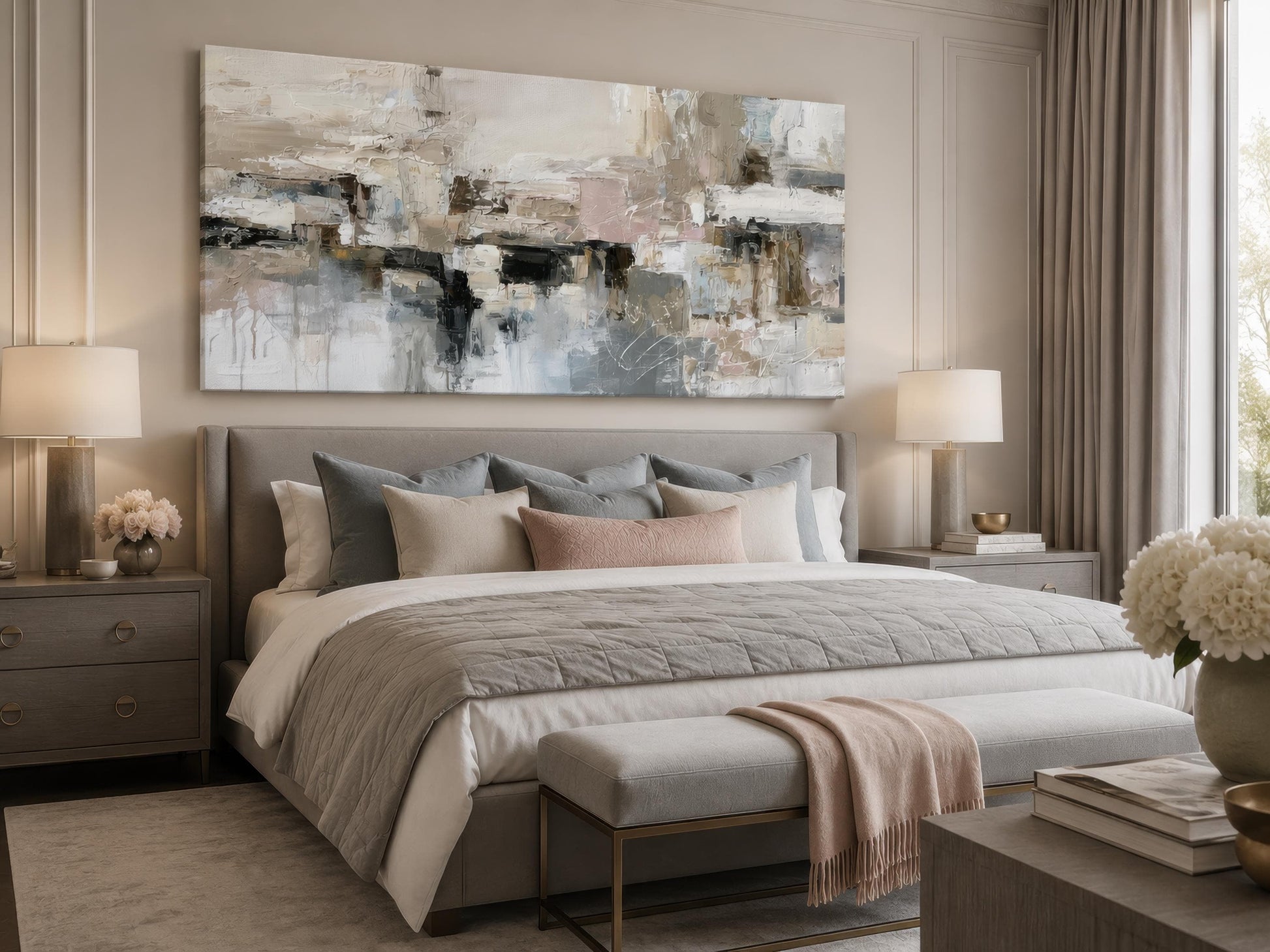 Gray Beige Blush Neutral Abstract Wall Art | Horizontal Canvas Print