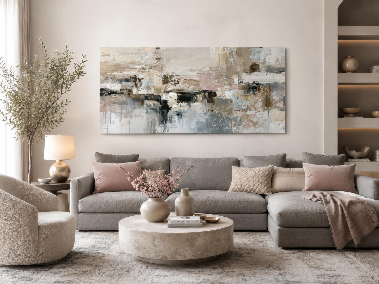 Gray Beige Blush Neutral Abstract Wall Art | Horizontal Canvas Print
