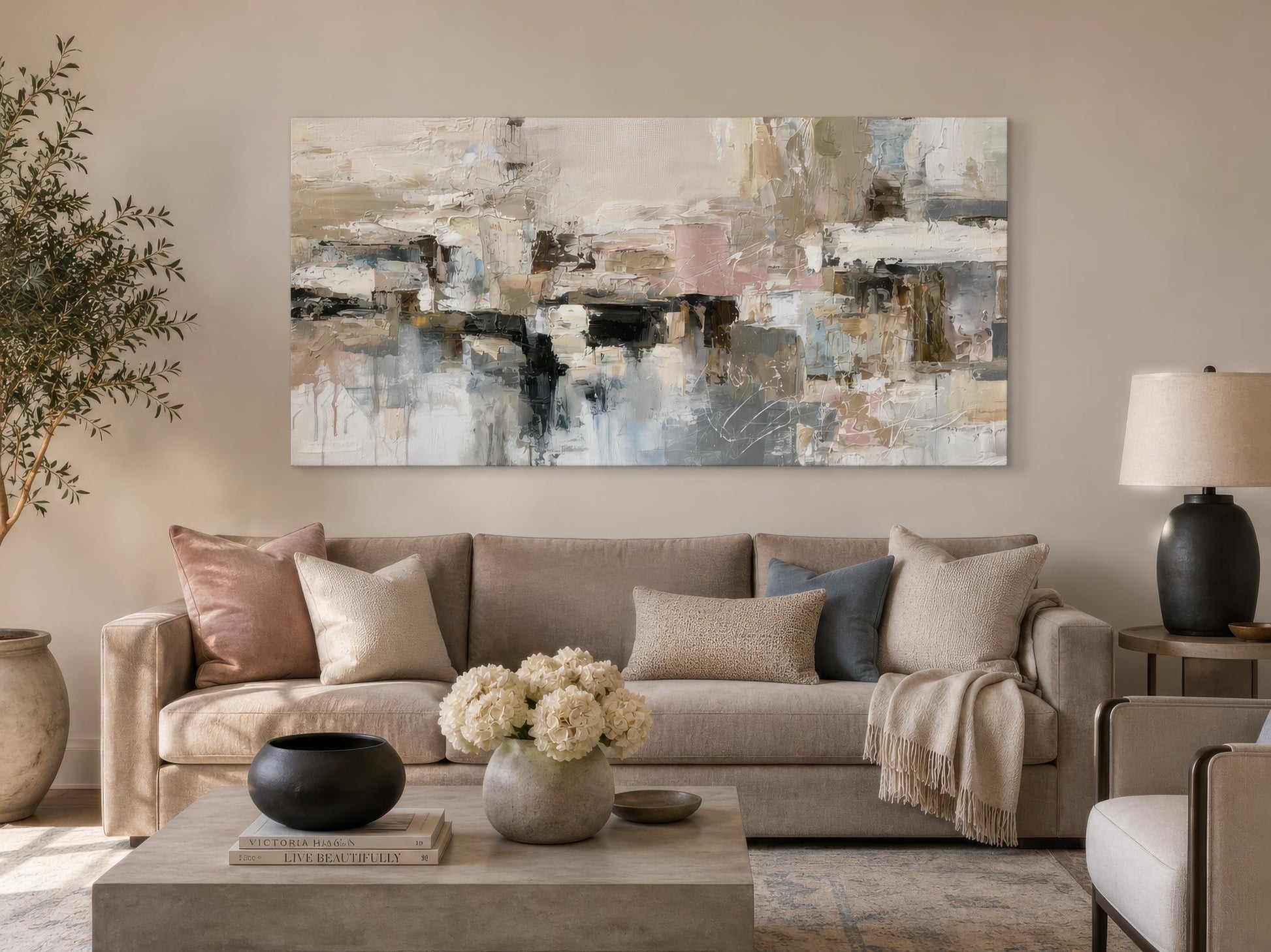 Gray Beige Blush Neutral Abstract Wall Art | Horizontal Canvas Print