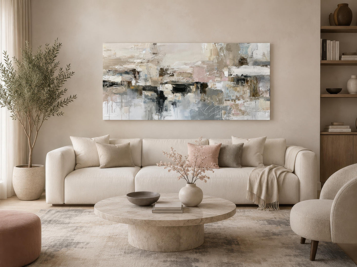 Gray Beige Blush Neutral Abstract Wall Art | Horizontal Canvas Print