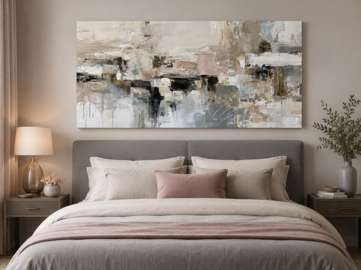 Gray Beige Blush Neutral Abstract Wall Art | Horizontal Canvas Print