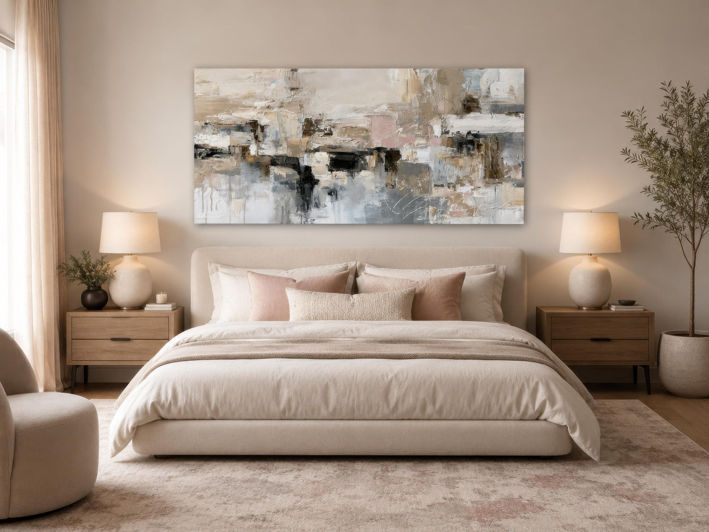 Gray Beige Blush Neutral Abstract Wall Art | Horizontal Canvas Print