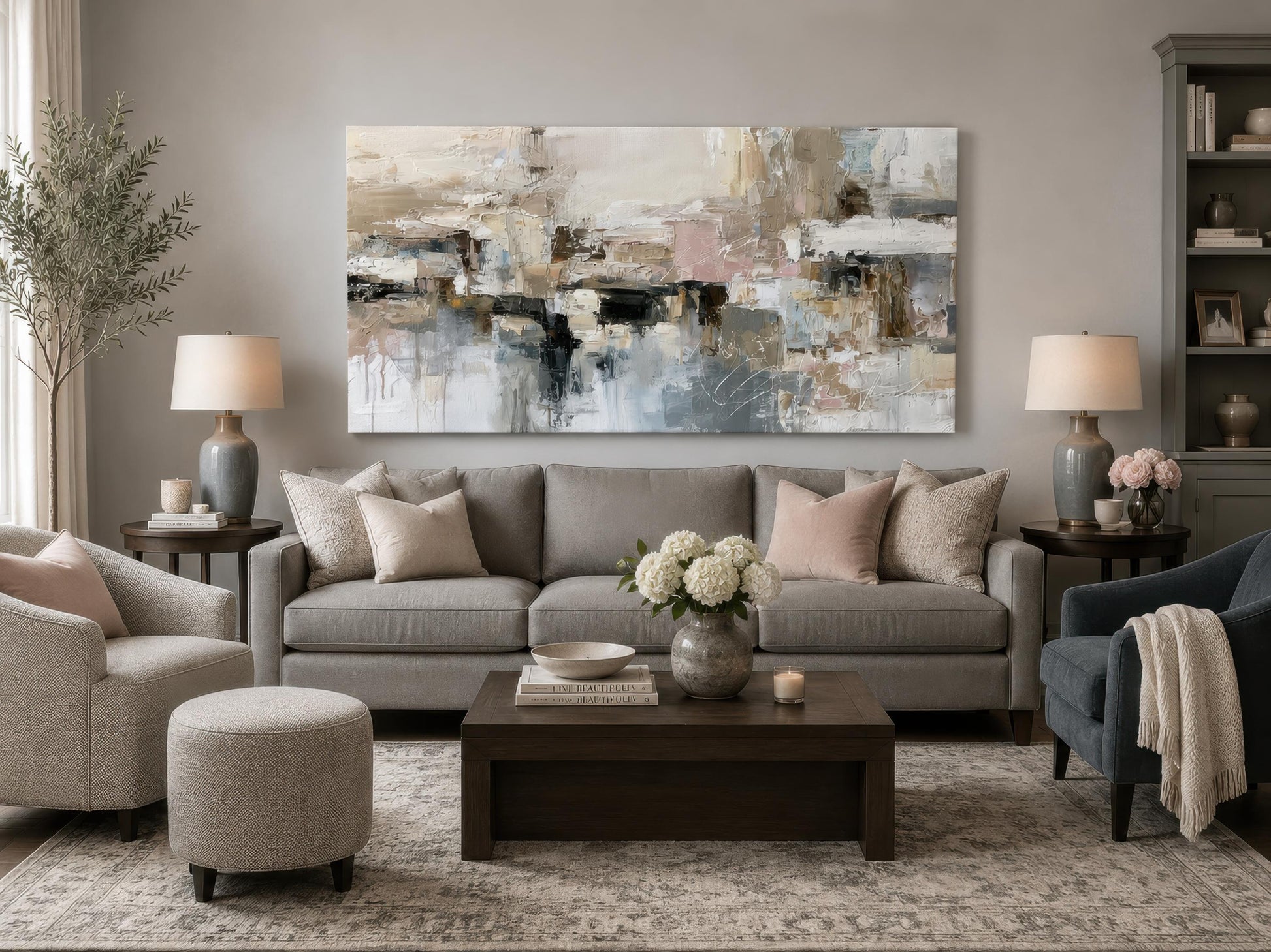 Gray Beige Blush Neutral Abstract Wall Art | Horizontal Canvas Print
