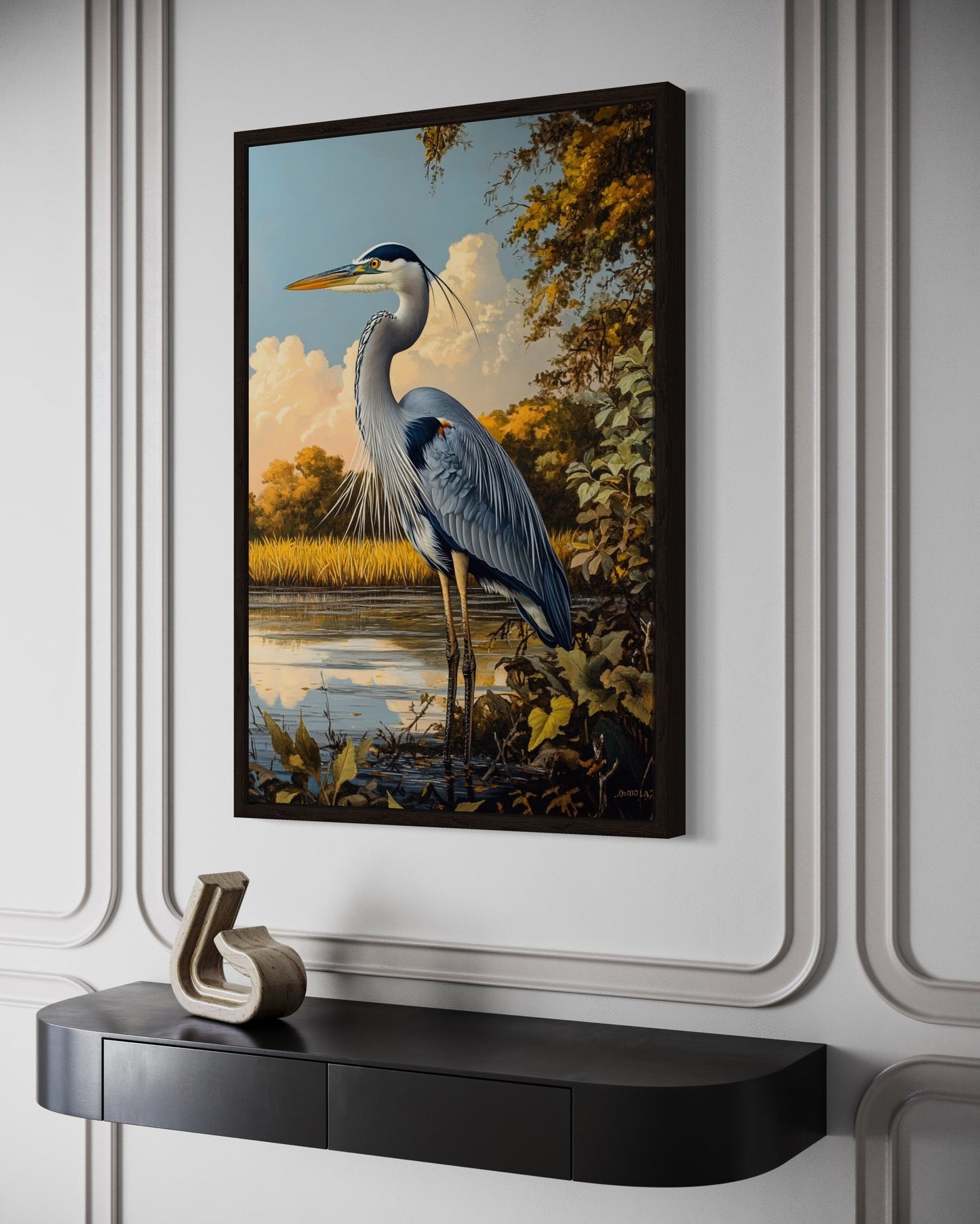 Great Blue Heron In Marshland Framed Canvas Wall Art