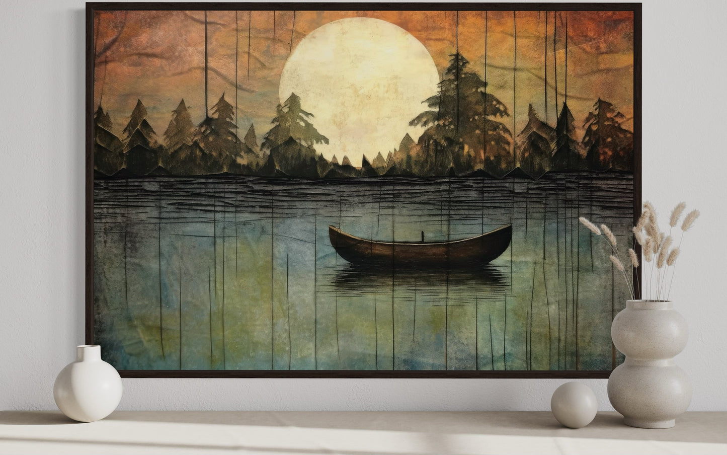 Great Outdoors Nature Lake Moon Boat Framed Canvas Wall Art For Cabin Or Cottage Decor