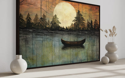 Great Outdoors Nature Lake Moon Boat Framed Canvas Wall Art For Cabin Or Cottage Decor