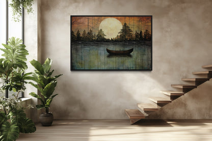 Great Outdoors Nature Lake Moon Boat Framed Canvas Wall Art For Cabin Or Cottage Decor