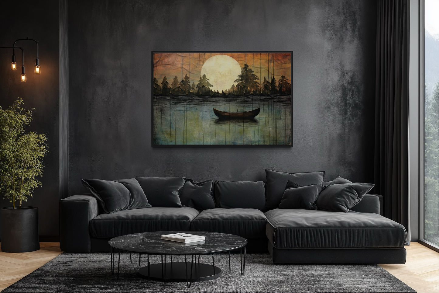 Great Outdoors Nature Lake Moon Boat Framed Canvas Wall Art For Cabin Or Cottage Decor
