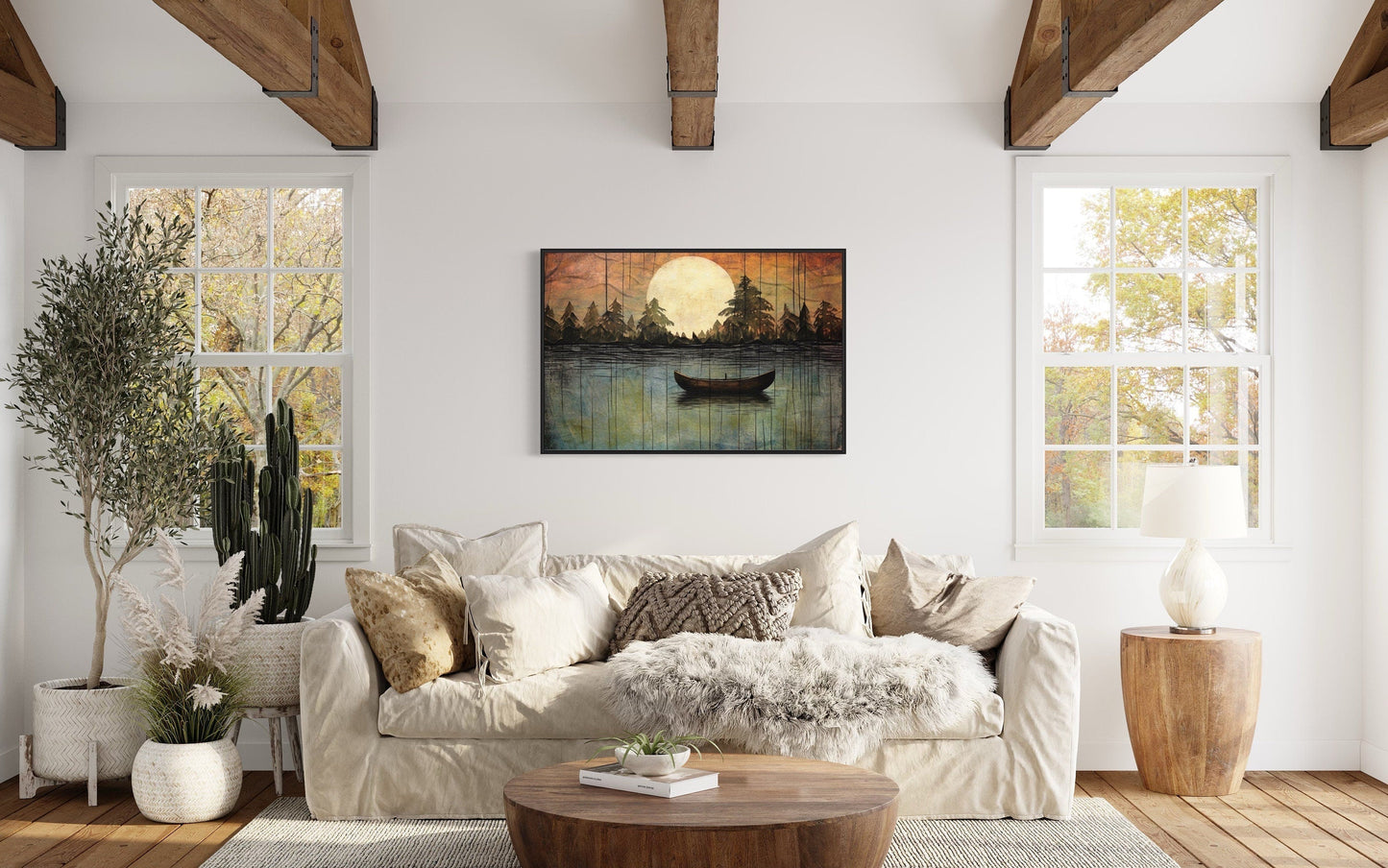 Great Outdoors Nature Lake Moon Boat Framed Canvas Wall Art For Cabin Or Cottage Decor