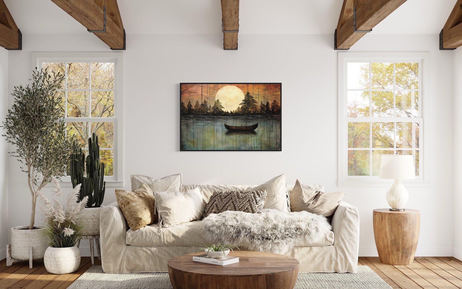 Great Outdoors Nature Lake Moon Boat Framed Canvas Wall Art For Cabin Or Cottage Decor