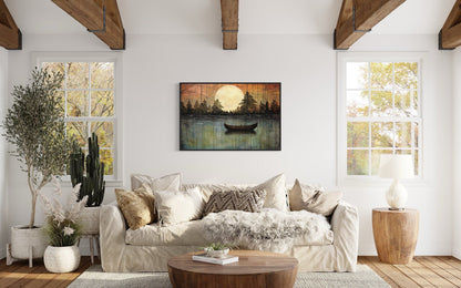 Great Outdoors Nature Lake Moon Boat Framed Canvas Wall Art For Cabin Or Cottage Decor