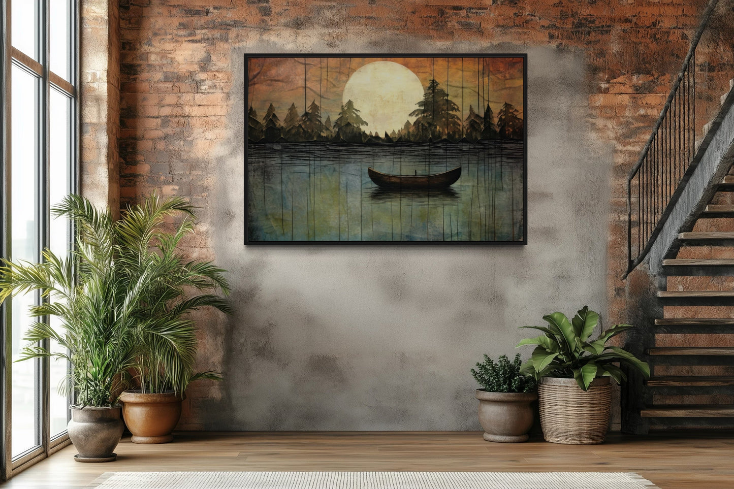 Great Outdoors Nature Lake Moon Boat Framed Canvas Wall Art For Cabin Or Cottage Decor