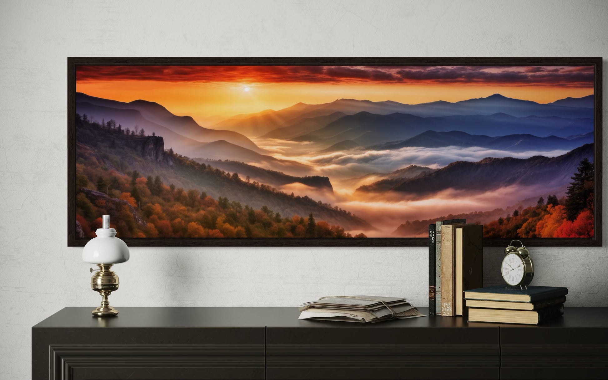 Great Smokey Mountains Sunset Landscape Long Narrow Living Room Framed Canvas Wall Art