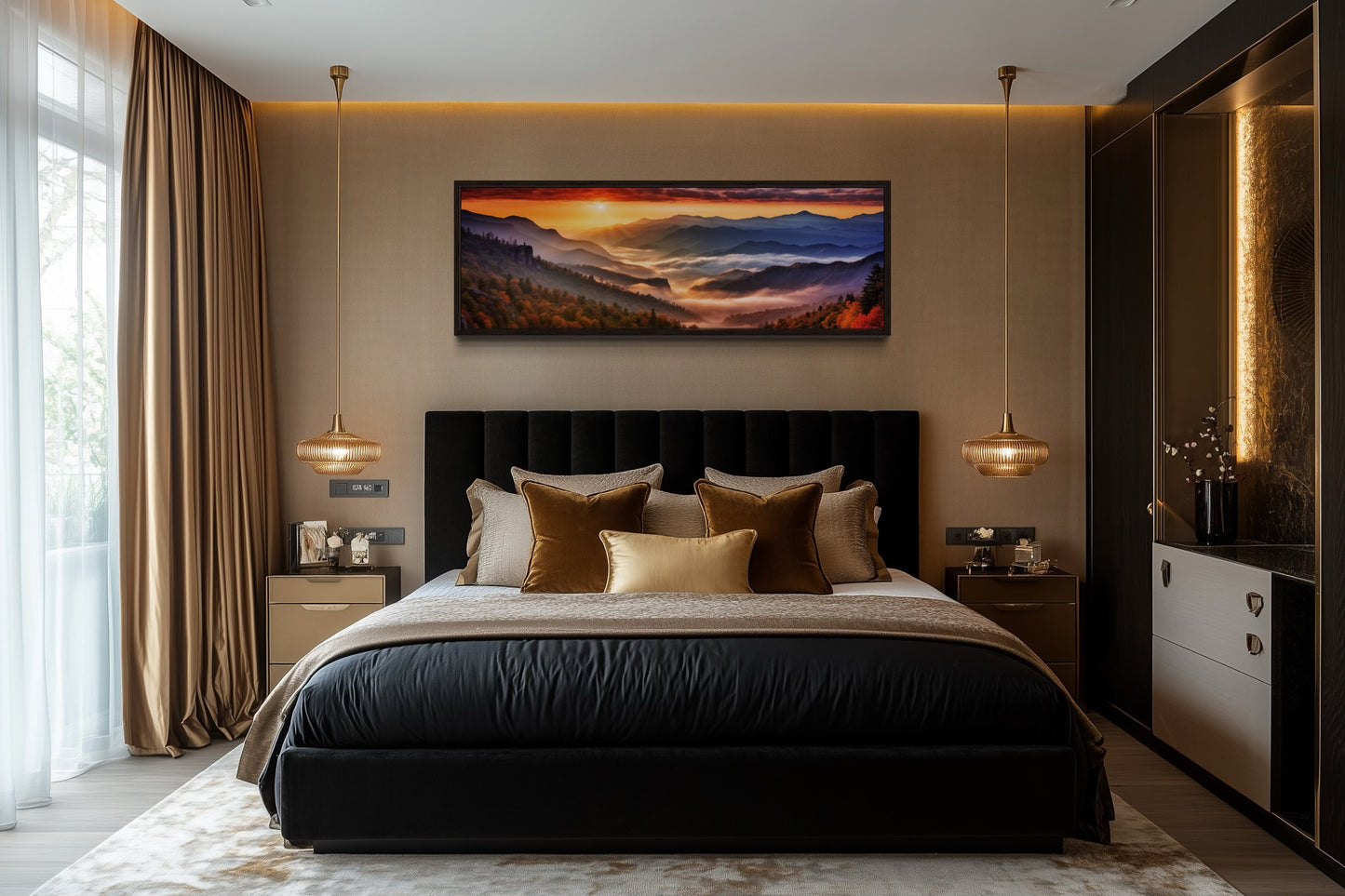 Great Smokey Mountains Sunset Landscape Long Narrow Living Room Framed Canvas Wall Art