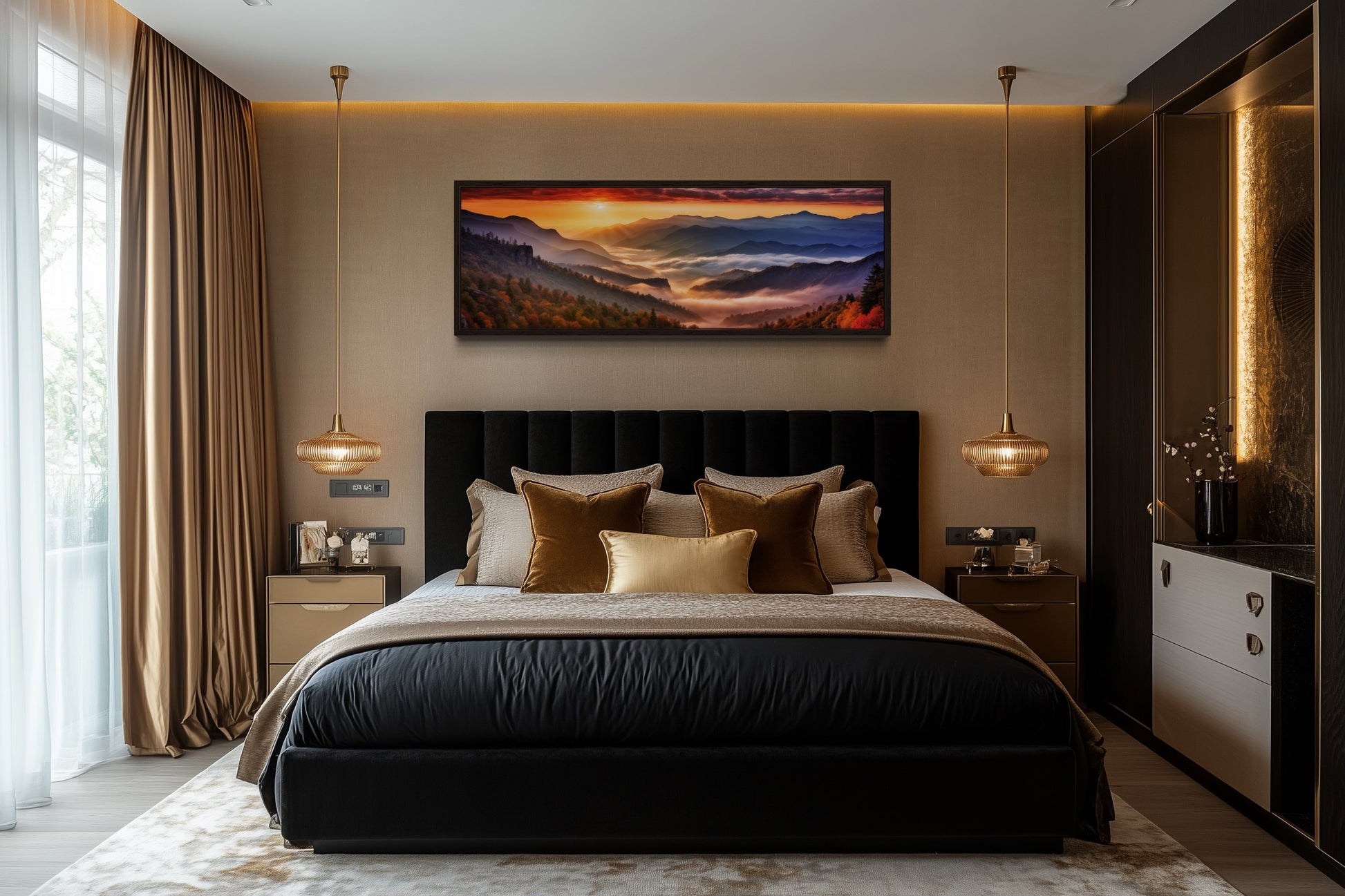Great Smokey Mountains Sunset Landscape Long Narrow Living Room Framed Canvas Wall Art