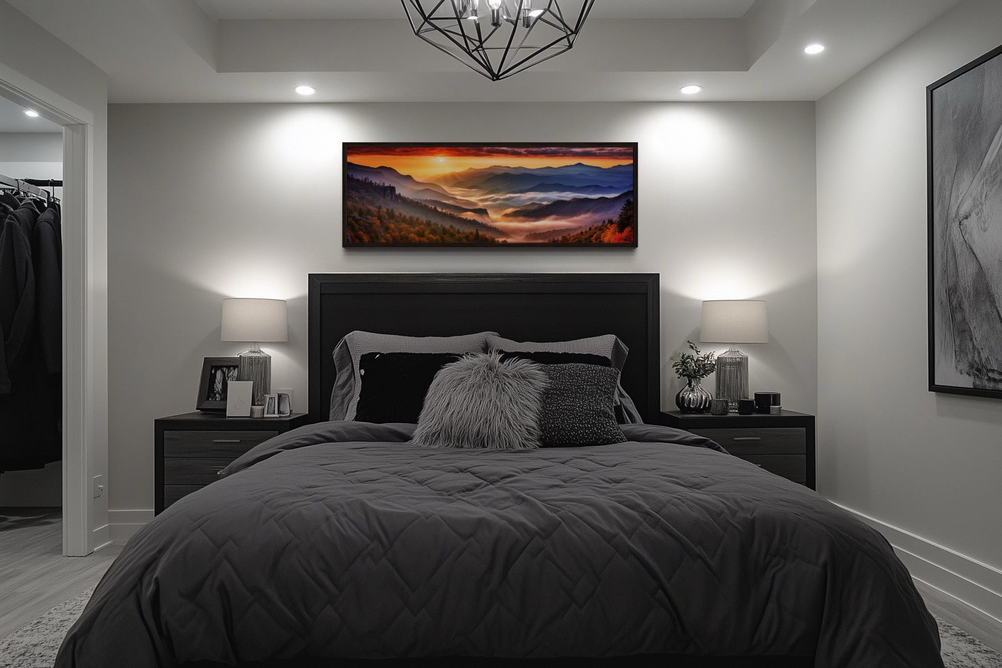 Great Smokey Mountains Sunset Landscape Long Narrow Living Room Framed Canvas Wall Art