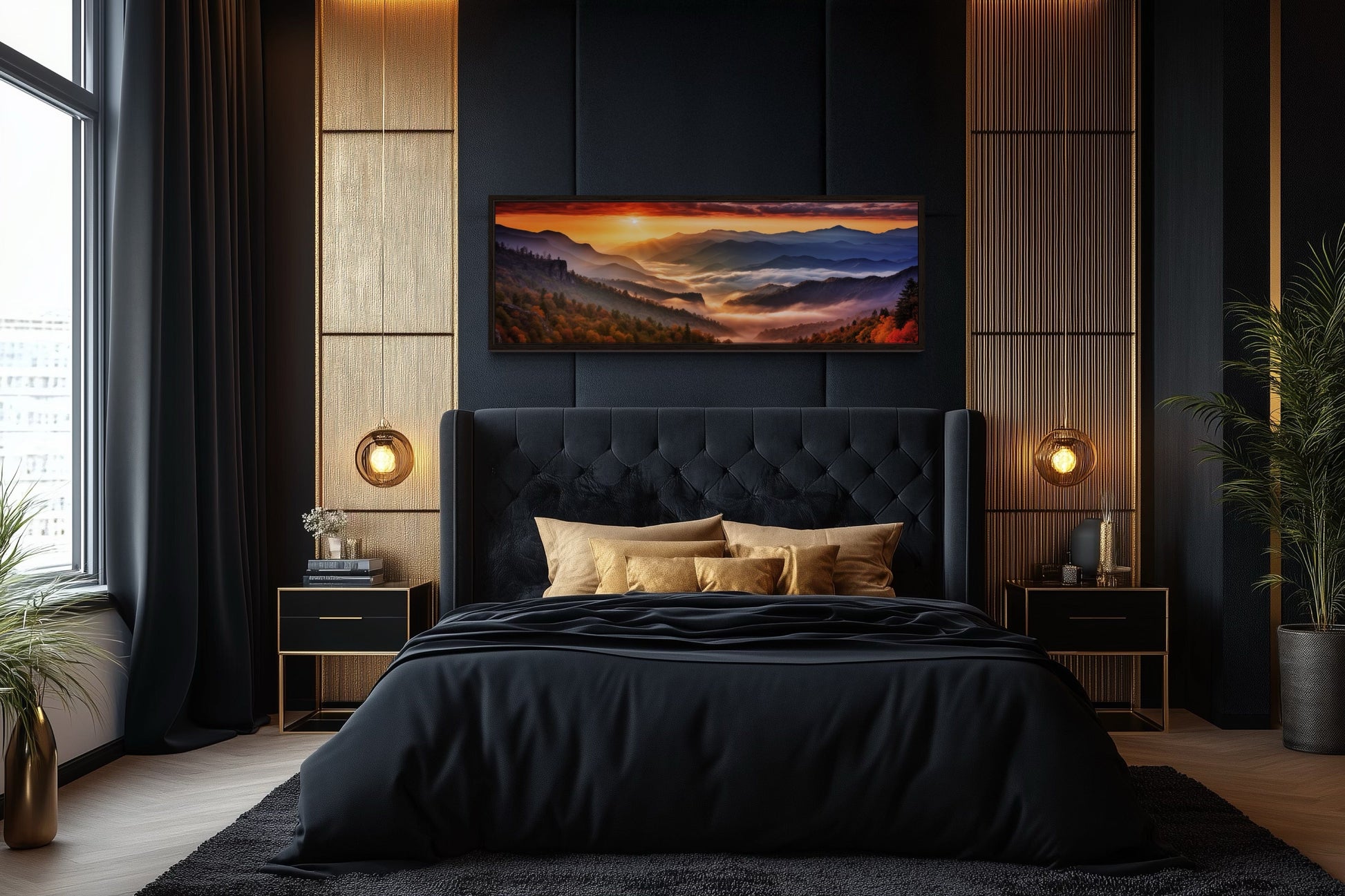 Great Smokey Mountains Sunset Landscape Long Narrow Living Room Framed Canvas Wall Art