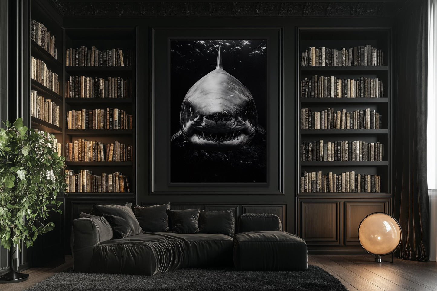 Great White Shark Black And White Framed Canvas Wall Art