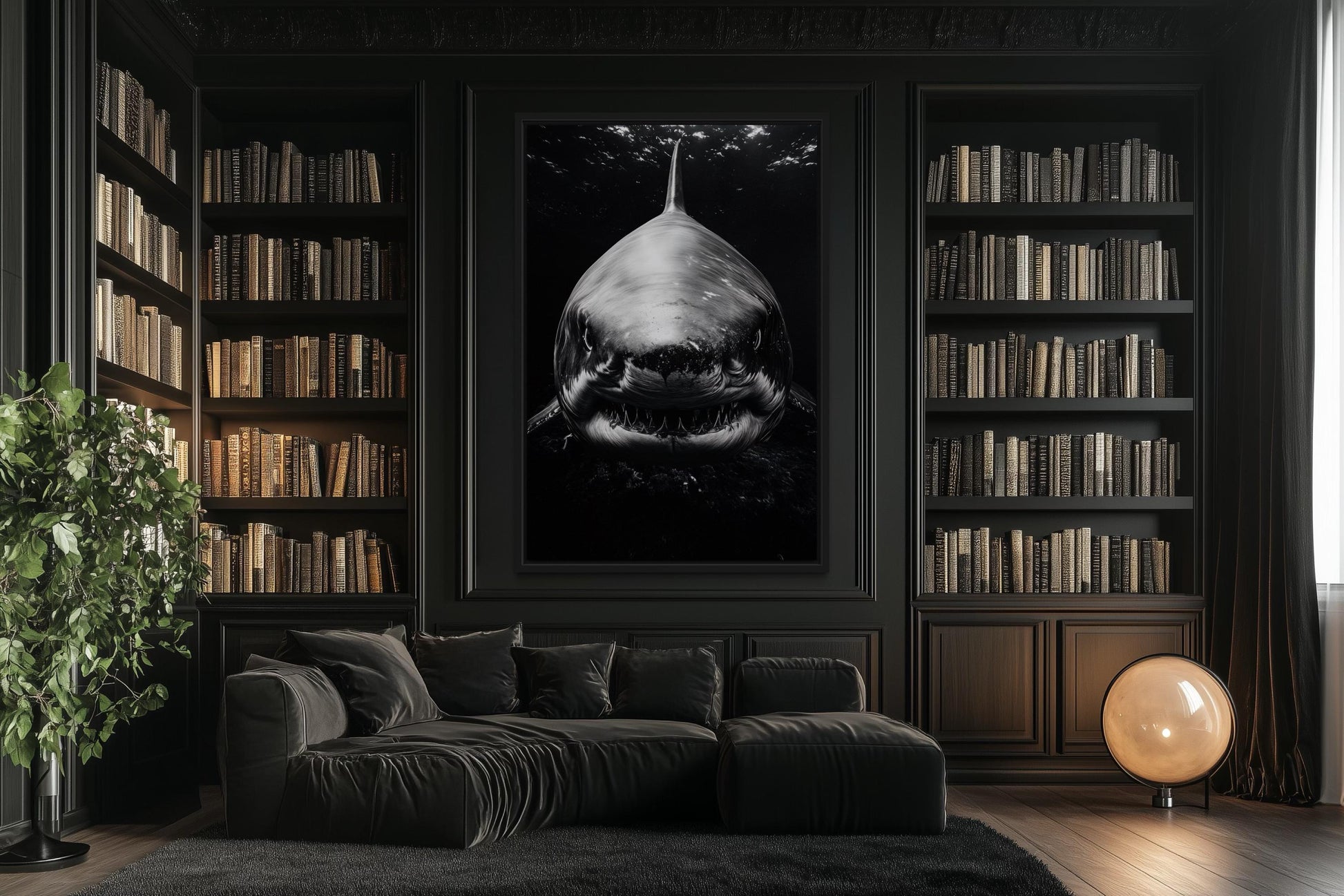 Great White Shark Black And White Framed Canvas Wall Art