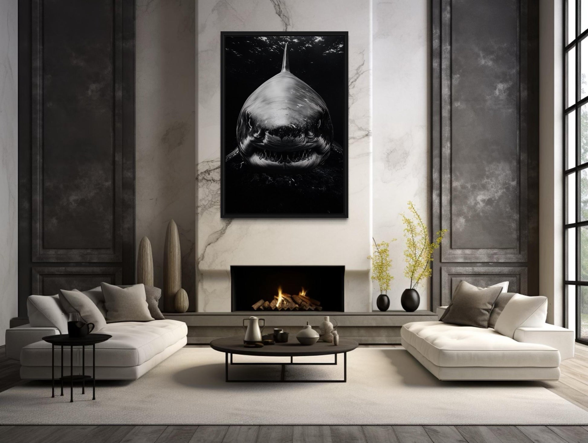 Great White Shark Black And White Framed Canvas Wall Art
