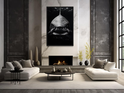 Great White Shark Black And White Framed Canvas Wall Art