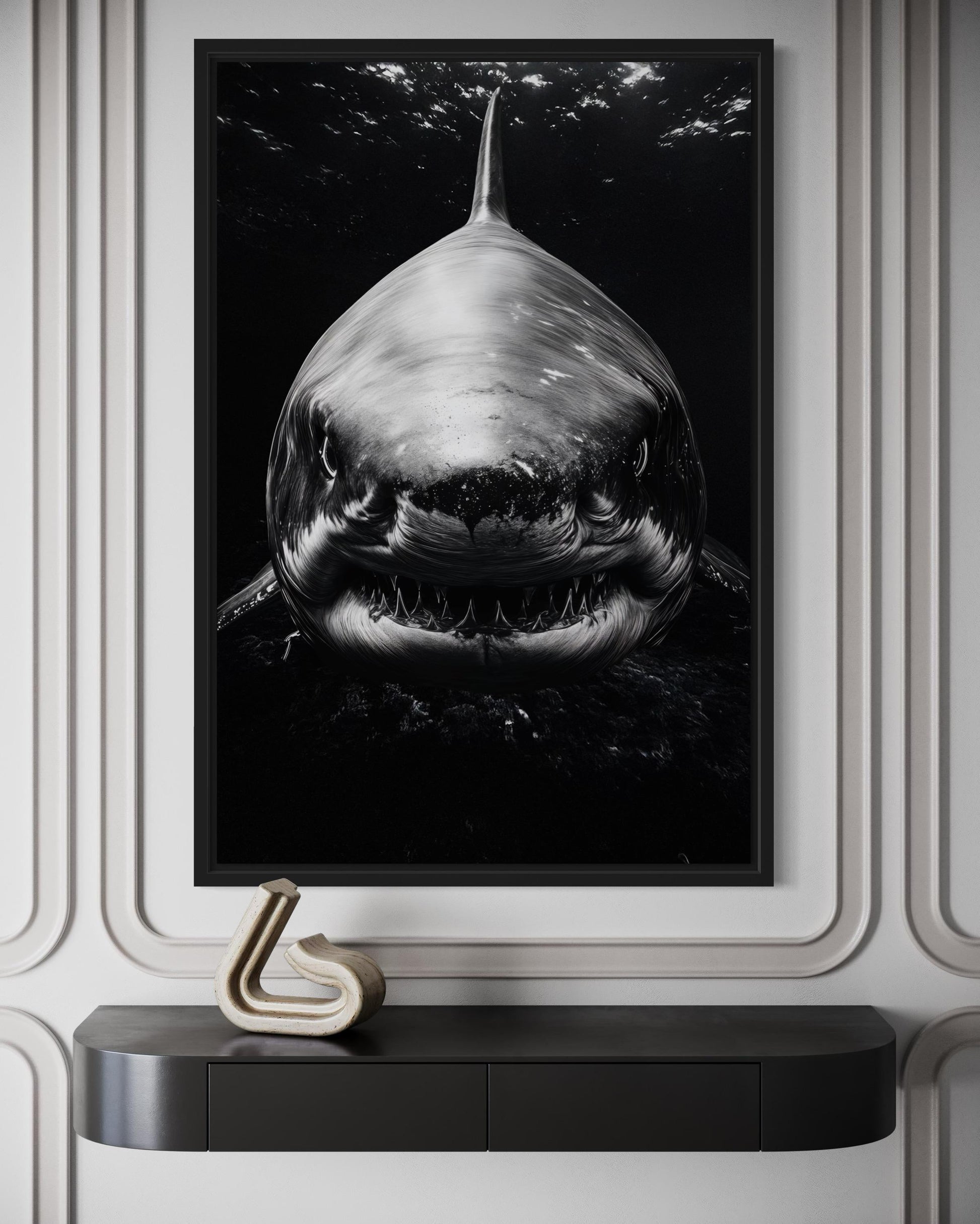 Great White Shark Black And White Framed Canvas Wall Art