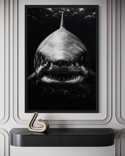 Great White Shark Black And White Framed Canvas Wall Art