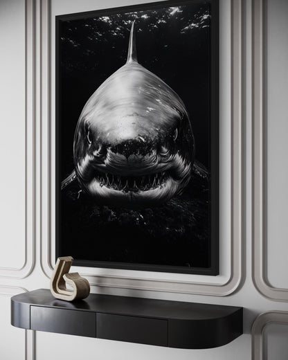 Great White Shark Black And White Framed Canvas Wall Art