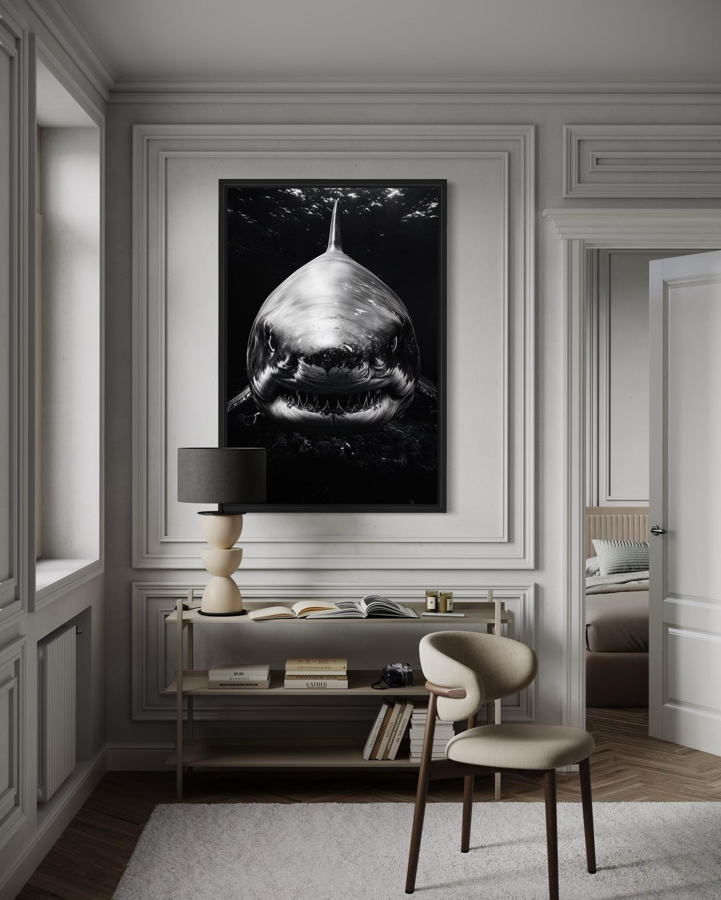 Great White Shark Black And White Framed Canvas Wall Art