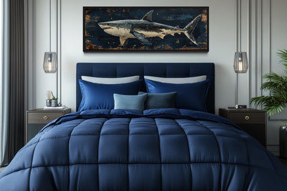 Great White Shark Long Horizontal Canvas Wall Art Above Men's Bed