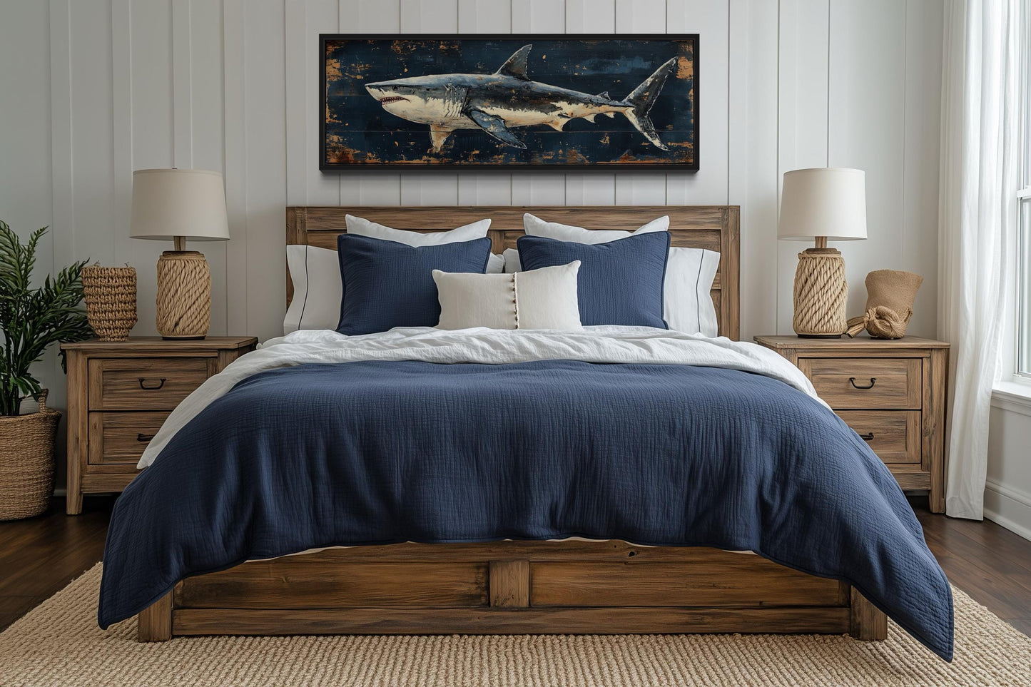 Great White Shark Long Horizontal Canvas Wall Art Above Men's Bed