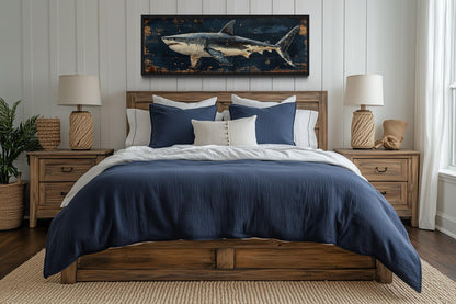 Great White Shark Long Horizontal Canvas Wall Art Above Men's Bed
