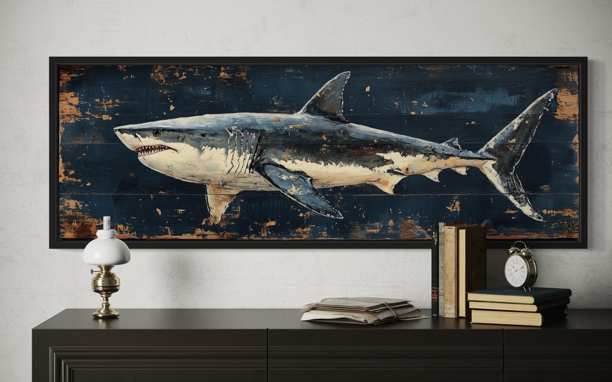Great White Shark Long Horizontal Canvas Wall Art Above Men's Bed