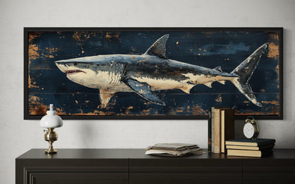 Great White Shark Long Horizontal Canvas Wall Art Above Men's Bed