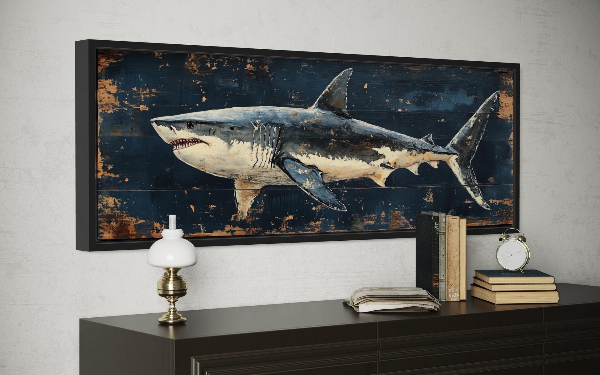 Great White Shark Long Horizontal Canvas Wall Art Above Men's Bed