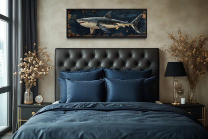Great White Shark Long Horizontal Canvas Wall Art Above Men's Bed