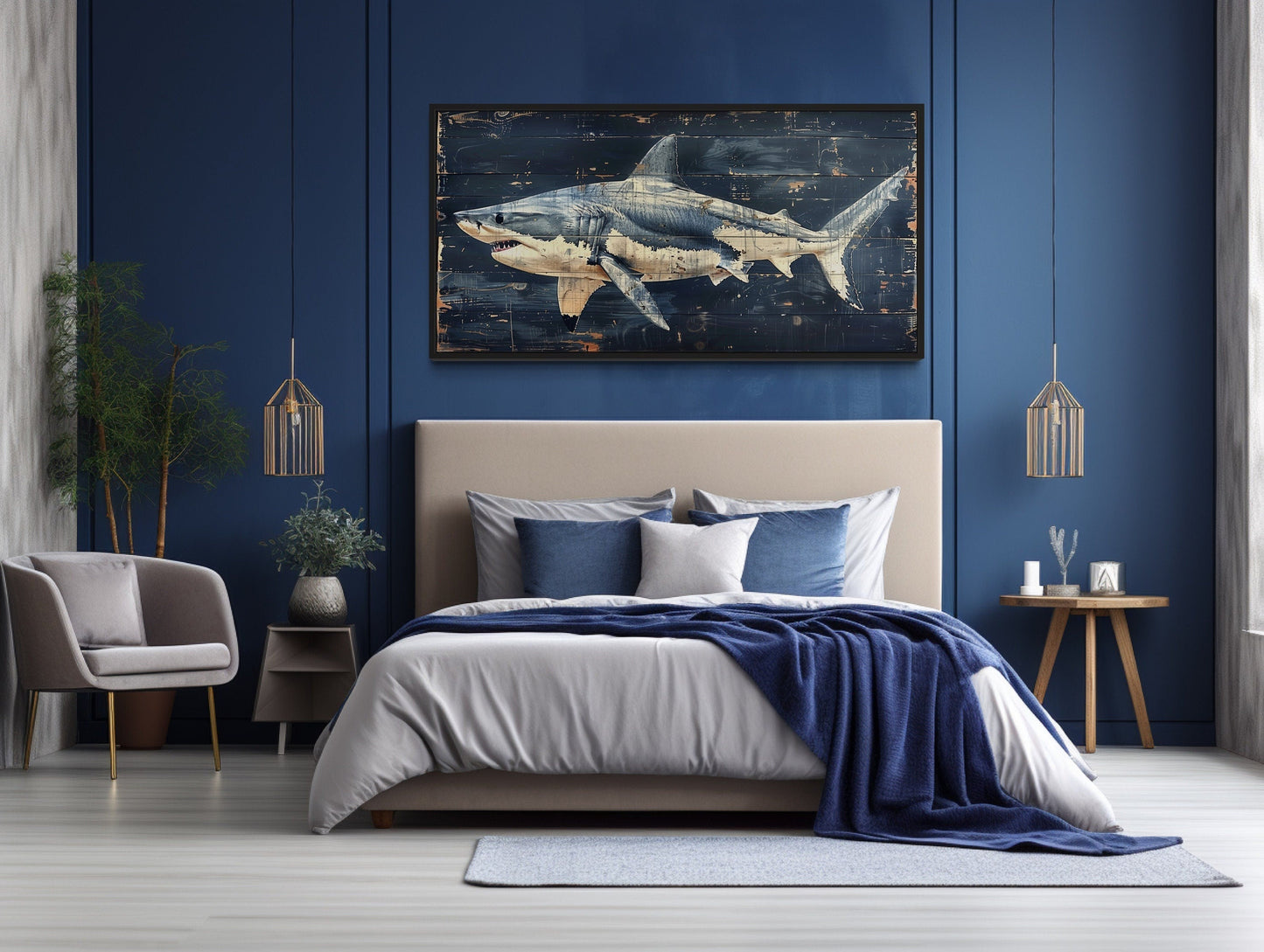 Great White Shark Painting – Nautical Wall Art on Distressed Wood Frame for Coastal Decor