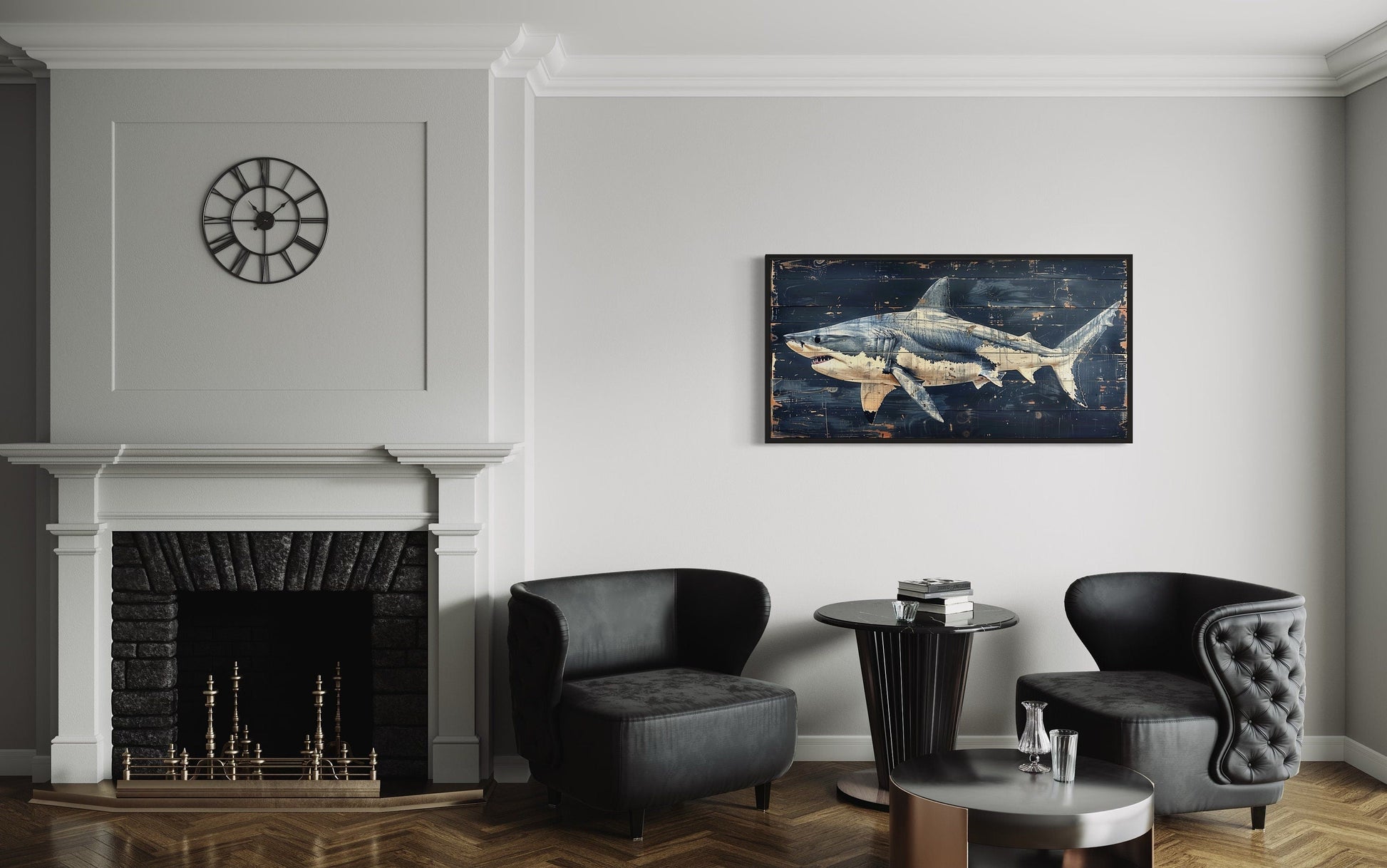 Great White Shark Painting – Nautical Wall Art on Distressed Wood Frame for Coastal Decor