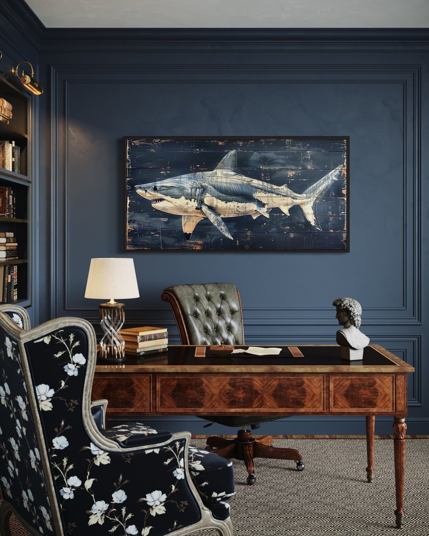 Great White Shark Painting – Nautical Wall Art on Distressed Wood Frame for Coastal Decor