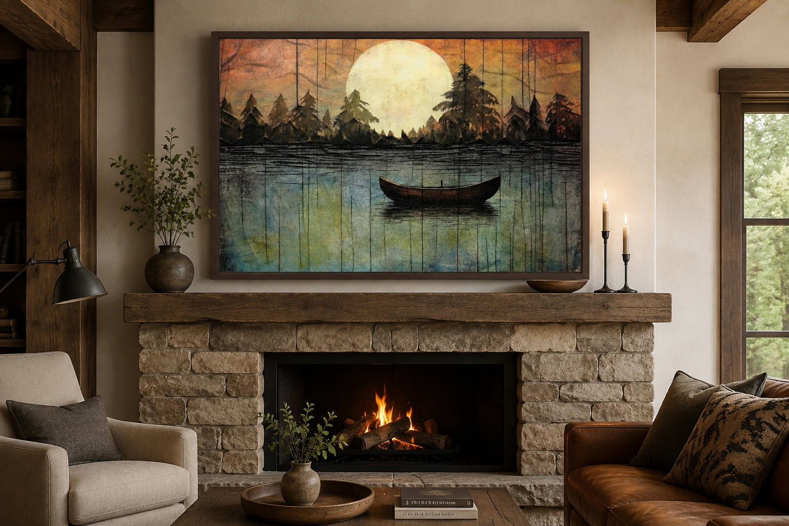 Great Outdoors Nature Lake Moon Boat Framed Canvas Wall Art For Cabin Or Cottage Decor