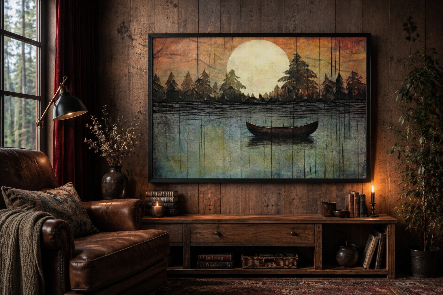 Great Outdoors Nature Lake Moon Boat Framed Canvas Wall Art For Cabin Or Cottage Decor