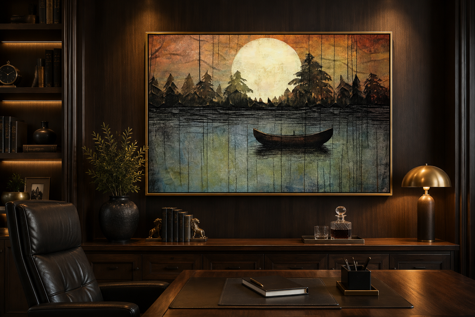 Great Outdoors Nature Lake Moon Boat Framed Canvas Wall Art For Cabin Or Cottage Decor